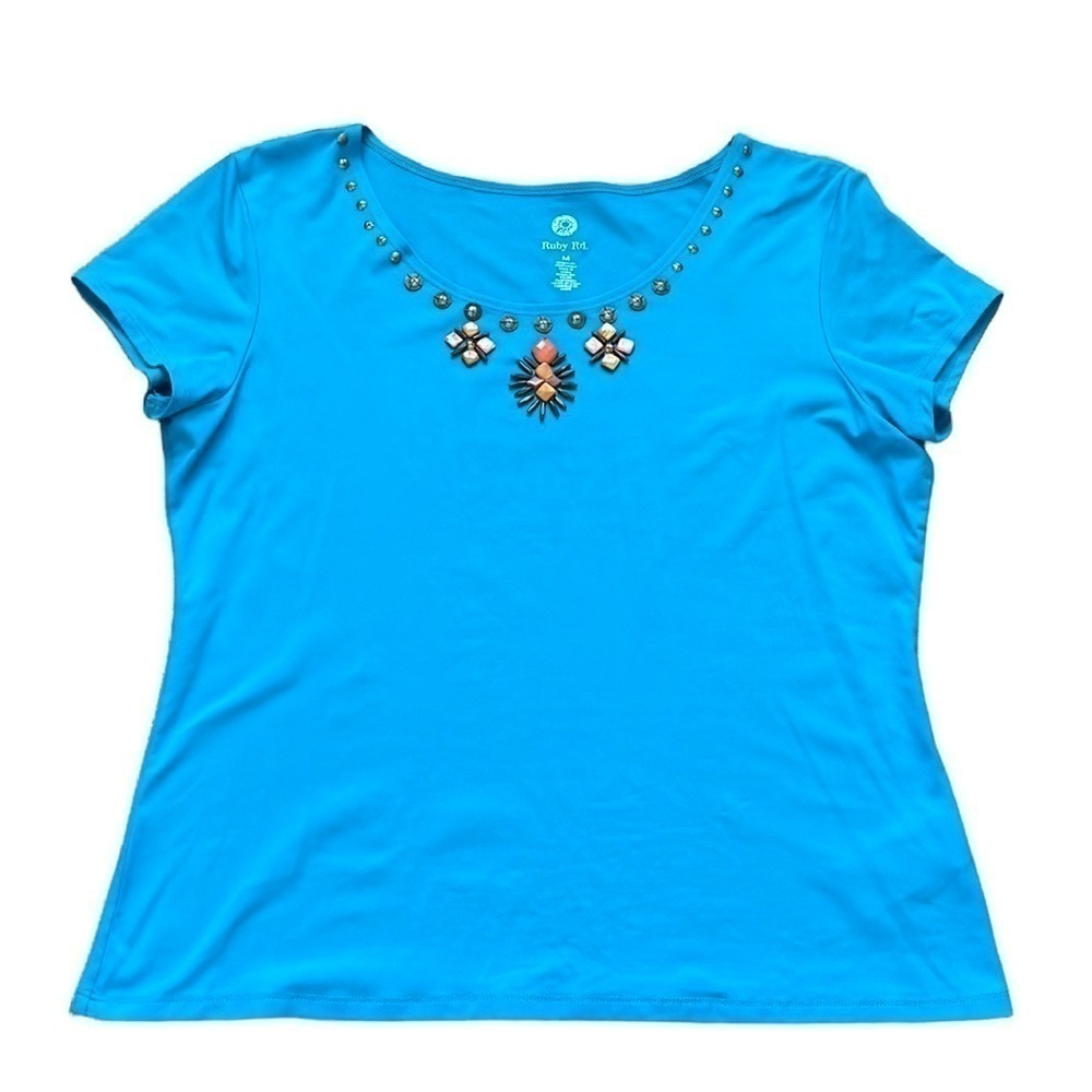 Ruby Rd aqua short sleeve top embellished with earth tone beads and jewels